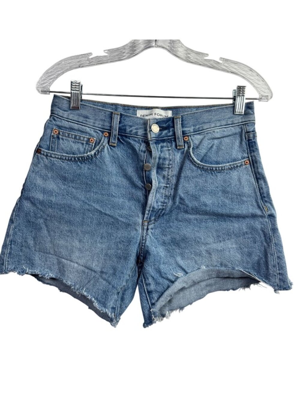 Denim Forum Ex-Boyfriend Midi Shorts High-Rise Raw Hem Light Wash Womens Size 25